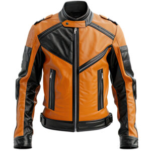Men’s Orange Black Genuine Sheepskin Stand Collar Sporty Rider Outfit Zip-up Fashionable Slim-fit Soft Racing Leather Jacket
