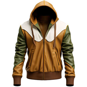 Men’s Brown Olive Green Genuine Sheepskin Hooded Slim-fit Sportswear Stylish Rib knitted Zip-up Soft Bomber Leather Jacket