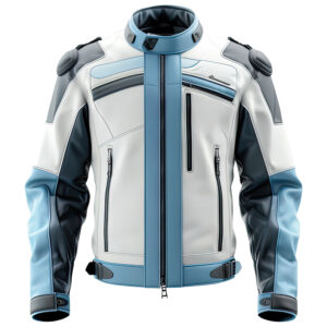 Men’s Sky Blue Light Grey Genuine Sheepskin Racer Outfit Stand Collar Fashionable Zip-up Winter Sporty Motorbike Leather Jacket