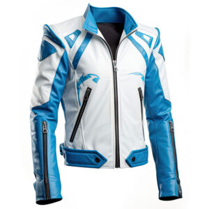 Men’s White Blue Genuine Sheepskin Smooth Zip-up Stand Collar Soft Sporty Rider Punk Motorbike