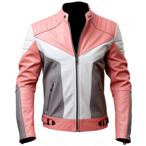 Men’s Grey Pink Genuine Sheepskin Stand Collar Zip-Up Quilted Slim-fit Sporty Lightweight Café Racer Biker Leather Jacket
