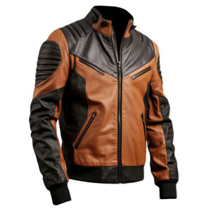 Men’s Chocolate Brown Black Genuine Sheepskin Stand Collar Winter Rib Knit Sleek Zip-up Casual Moto Bomber Leather Jacket