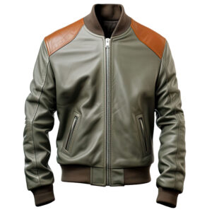 Men’s Olive Green Brown Genuine Sheepskin Baseball Collar Sportwear Fashionable Rib Knit Zip-up Soft Bomber Leather Jacket