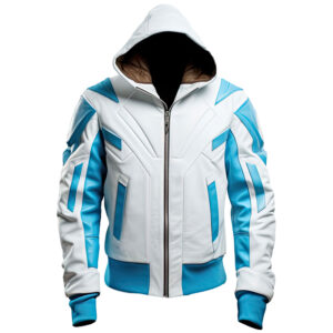 Men’s Blue & White Sheepskin Hooded Flight Leather Jacket