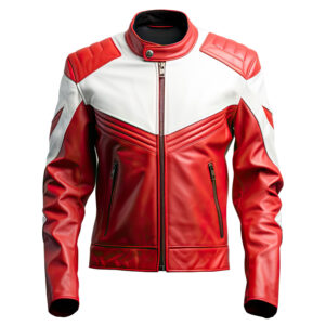 Men’s Red White Genuine Sheepskin Quilting Racing Stand Collar Zip-Up Winter Stylish Road Trip Motorcycle Leather Jacket