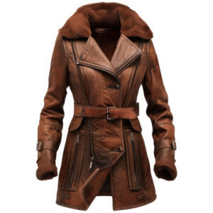 Women’s Distressed Brown Genuine Sheepskin Sherpa Shearling Faux Fur Lined Classy Mid Length Aviator Pilot Leather Coat