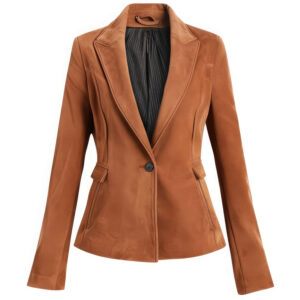 Women’s Brown Genuine Suede Notch Lapel Collar Spring Slim-fit Classy One Button Lightweight Single Vent Casual Leather Blazer