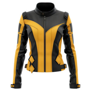 Women’s Black Yellow Genuine Sheepskin Stand Collar Casual Biker Outfit Sleek Zip-up Fashionable Slim-fit Café Racer Leather Jacket