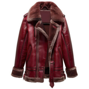 Women’s Maroon Brown Genuine Sheepskin Sherpa Shearling Faux Fur Lined Winter Warm Zip-up Pilot Mid-Length Aviator Leather Coat