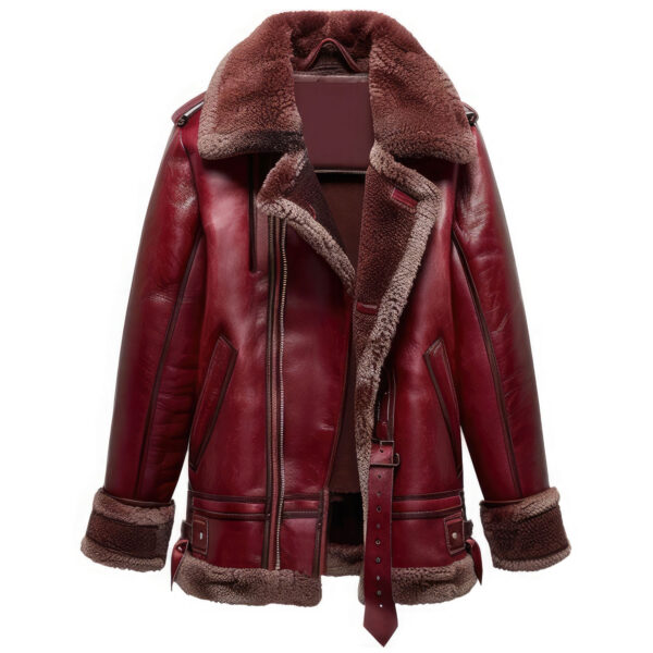 Women’s Maroon Brown Genuine Sheepskin Sherpa Shearling Faux Fur Lined Winter Warm Zip-up Pilot Mid-Length Aviator Leather Coat