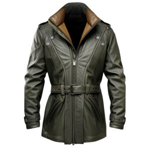 Men’s Army Green Genuine Sheepskin Stand Collar Slim Fit Soft Zip-Up Winter Outfit Belted Biker Lightweight Leather Coat
