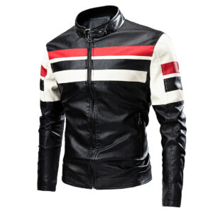 Men’s Black Biker PU Café Racer Contrast Color Black Red Stand Collar Zip-Up Moto Rider Fashionable Smooth Casual Classic Sporty Scooter Leather Jacket - Zumaish Luxury Leather (1)