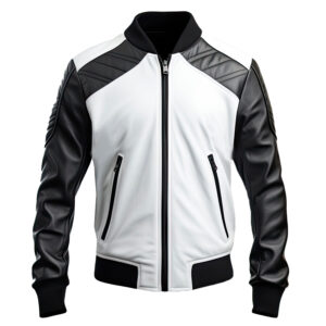 Men’s Black White Genuine Sheepskin Baseball Collar Classy Casual Sporty Scooter Zip-Up Rib Knit Bomber Leather Jacket - Zumaish Luxury Leather (2)